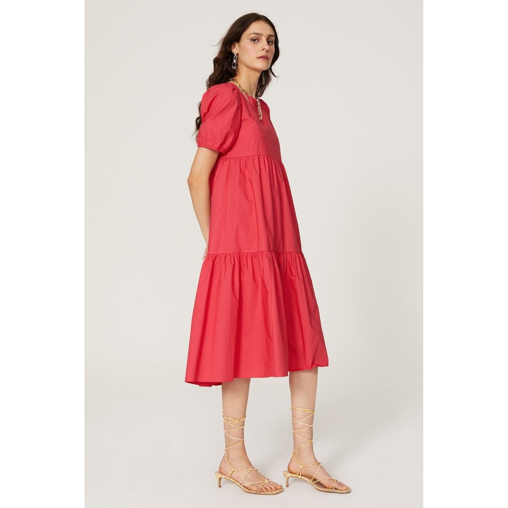 Peter Som Red Organic Cotton Puff Sleeve Tiered Babydoll Midi Dress Size 2
